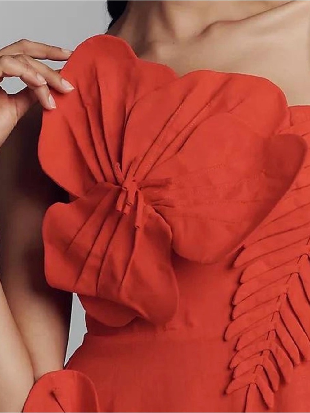 Farm Rio 3 D Strapless Red Floral Appliqué Dress